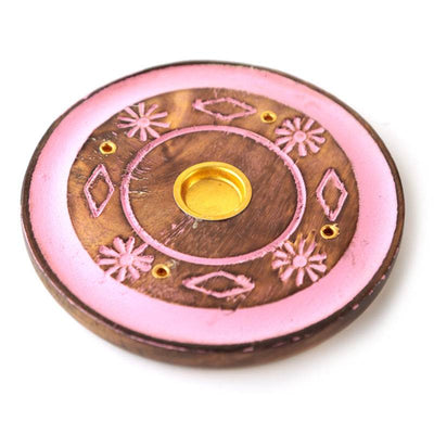 Mango Wood Round Painted Pink Flower Ashcatcher Incense Burner - Gift Arch