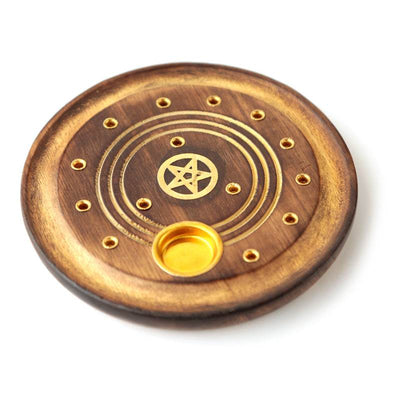 Mango Wood Round Pentagram Ashcatcher Incense Burner - Gift Arch
