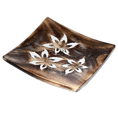 Mango Wood Square Carved Flowers Ashcatcher Incense Sticks Burner - Gift Arch