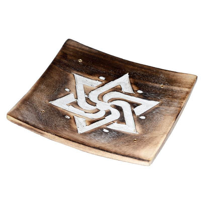Mango Wood Square Carved Geometric Ashcatcher Incense Sticks Burner - Gift Arch