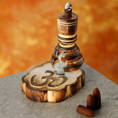 Om Carved Mango Wood Backflow Incense Burner - Gift Arch