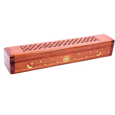 Sheesham Wood Ashcatcher Incense Burner Box Sun, Moon & Stars - Gift Arch