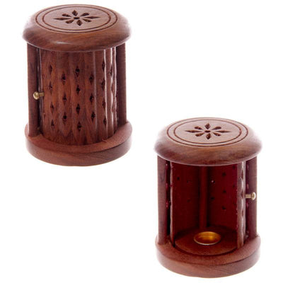 Sheesham Wood Carved Barrel Incense Cone Burner with Door - Gift Arch