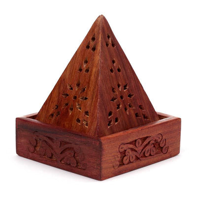 Sheesham Wood Pyramid Incense Cone Box with Flower Fretwork - Gift Arch