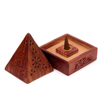 Sheesham Wood Pyramid Incense Cone Box with Flower Fretwork - Gift Arch