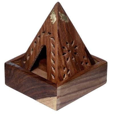 Sheesham Wood Pyramid Incense Cone Burner Box with Elephant - Gift Arch