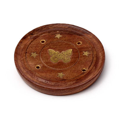 Sheesham Wood Round Ashcatcher Incence Burner with Butterfly Inlay - Gift Arch