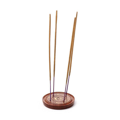 Sheesham Wood Round Ashcatcher Incence Burner with Moon & Stars Inlay - Gift Arch
