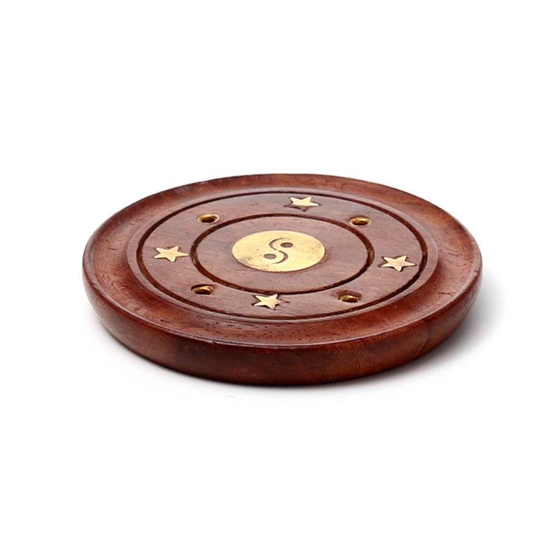 Sheesham Wood Round Ashcatcher Incence Burner with Yin Yang Inlay - Gift Arch