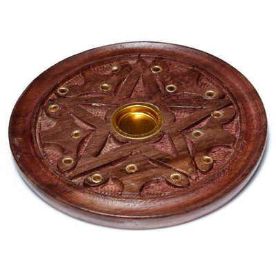 Sheesham Wood Round Ashcatcher Incense Burner with Carved Star - Gift Arch