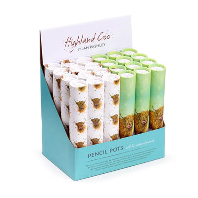 Jan Pashley Highland Coo Cow Large Pencil Pot with 12 Colouring Pencils - Gift Arch