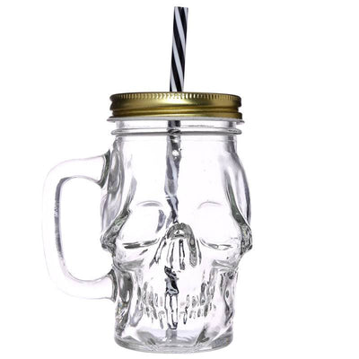 Glass Skull Drinking Jar with Metal Lid & Stripy Straw - Gift Arch