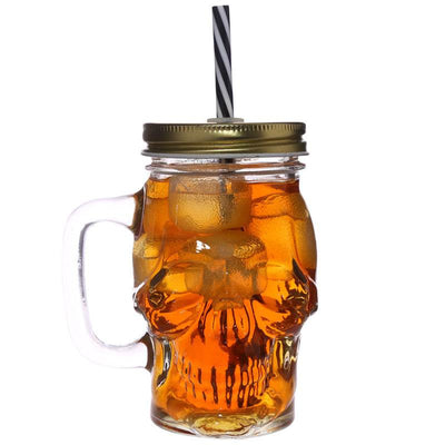 Glass Skull Drinking Jar with Metal Lid & Stripy Straw - Gift Arch