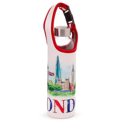London Tour Glass Water Bottle with Protective Sleeve - Gift Arch