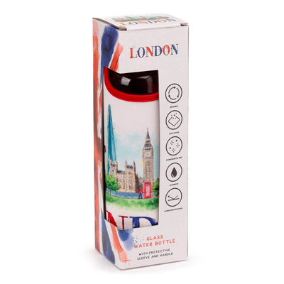 London Tour Glass Water Bottle with Protective Sleeve - Gift Arch