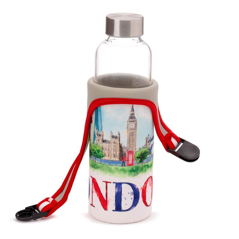 London Tour Glass Water Bottle with Protective Sleeve - Gift Arch