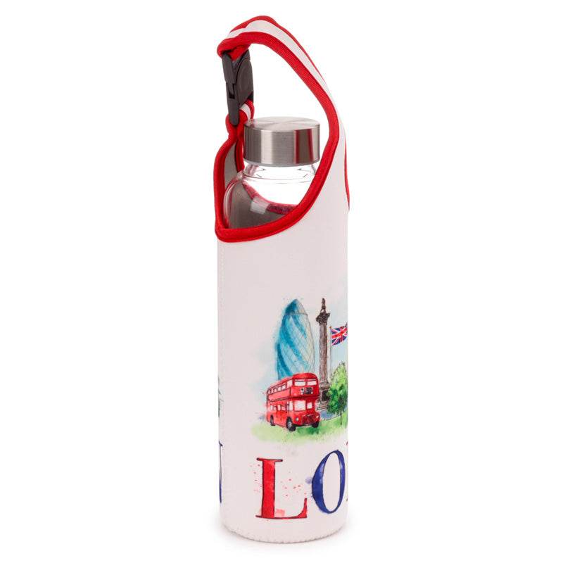 London Tour Glass Water Bottle with Protective Sleeve - Gift Arch