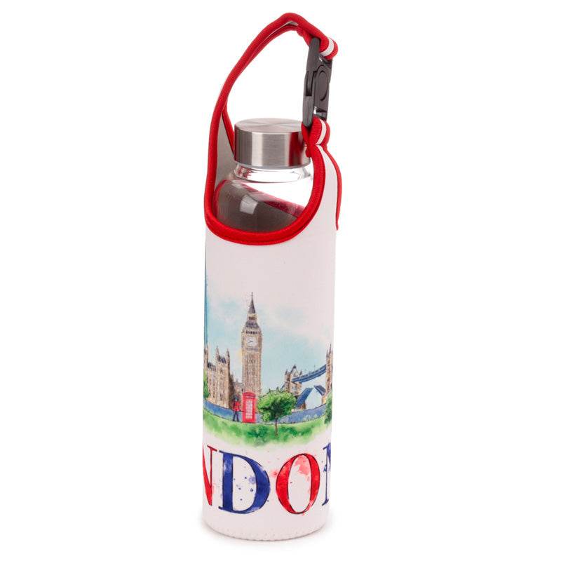 London Tour Glass Water Bottle with Protective Sleeve - Gift Arch