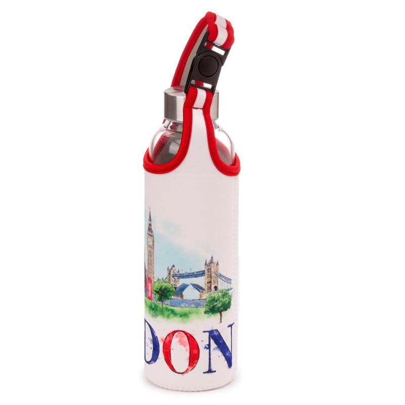 London Tour Glass Water Bottle with Protective Sleeve - Gift Arch
