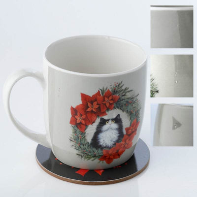 SECONDS Kim Haskins Christmas Wreath Cat Porcelain Mug & Coaster Set - Gift Arch