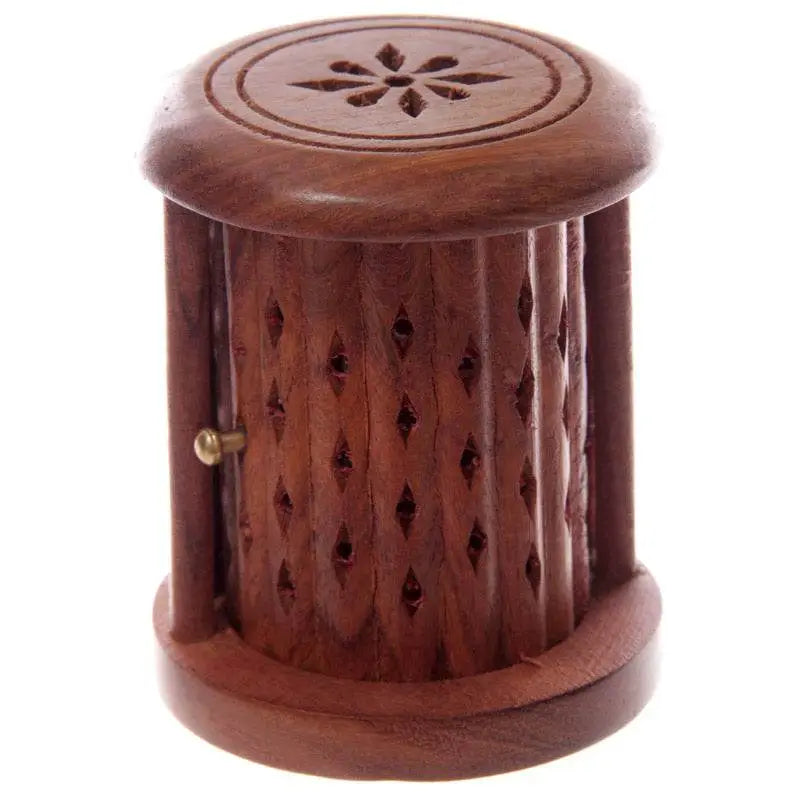 Sheesham Wood Carved Barrel Incense Cone Burner with Door - Incense Burners & Ash Catchers