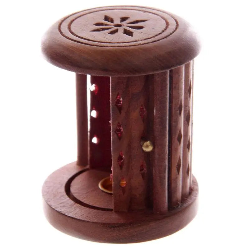 Sheesham Wood Carved Barrel Incense Cone Burner with Door - Incense Burners & Ash Catchers