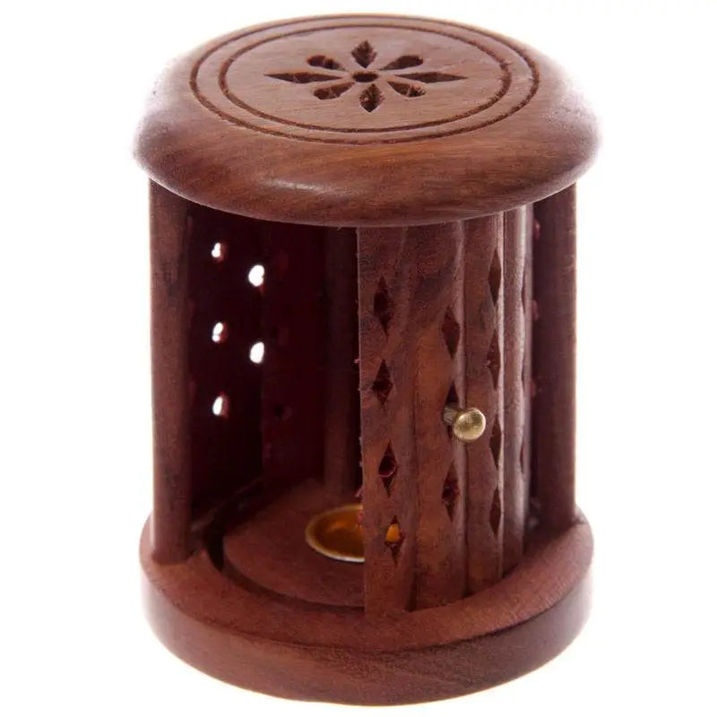 Sheesham Wood Carved Barrel Incense Cone Burner with Door - Incense Burners & Ash Catchers