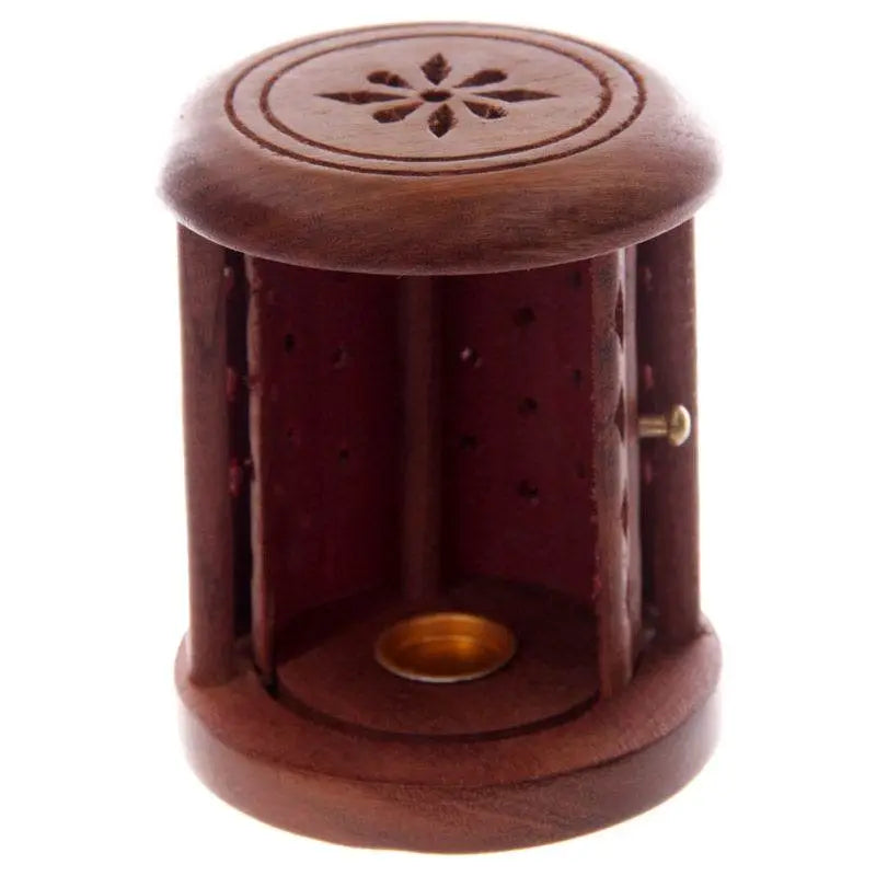 Sheesham Wood Carved Barrel Incense Cone Burner with Door - Incense Burners & Ash Catchers