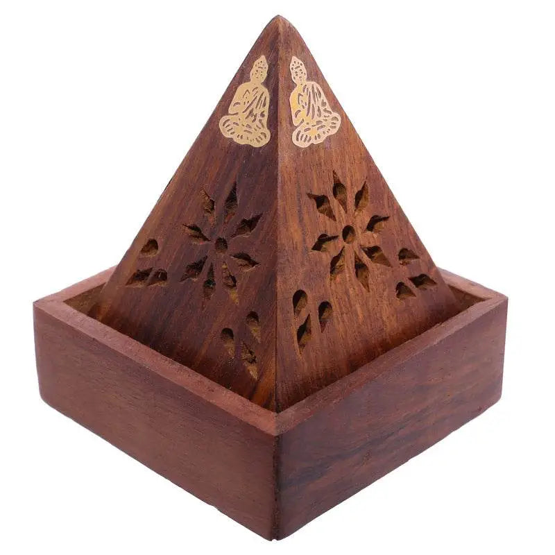 Sheesham Wood Pyramid Incense Cone Burner Box with Buddha - Incense Burners & Ash Catchers