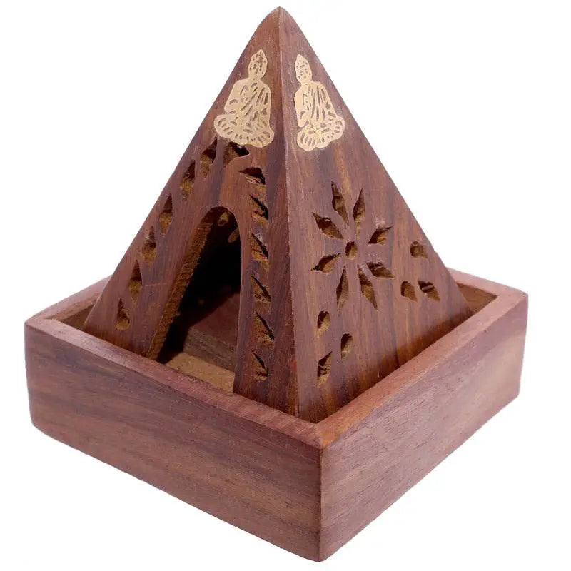 Sheesham Wood Pyramid Incense Cone Burner Box with Buddha - Incense Burners & Ash Catchers