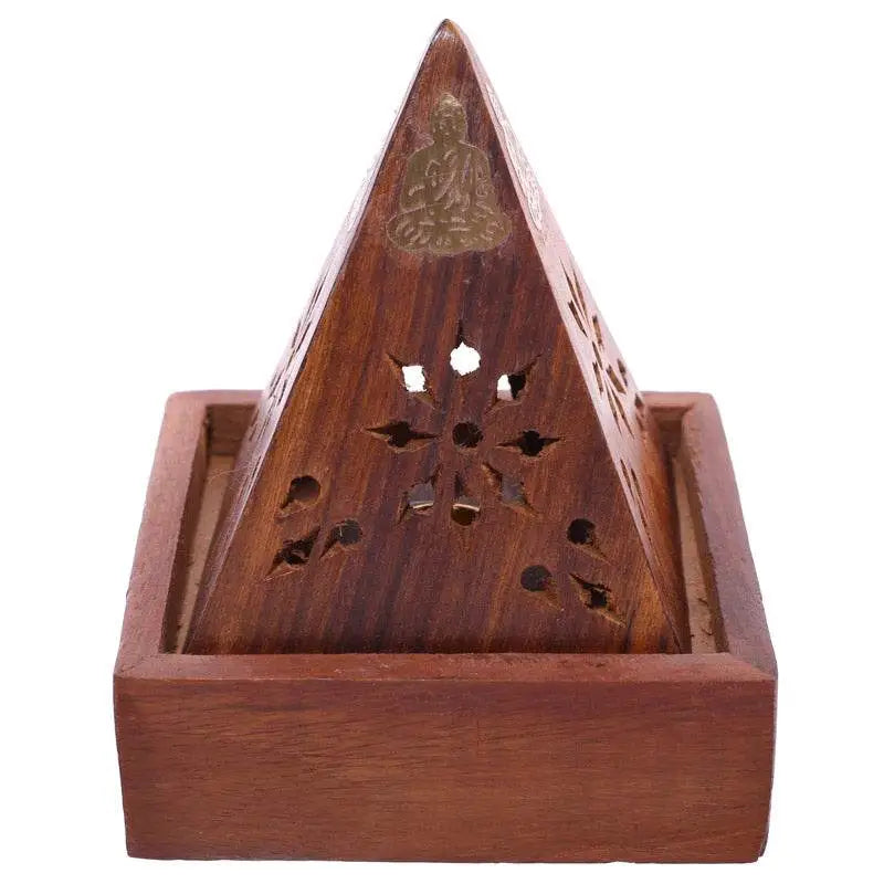Sheesham Wood Pyramid Incense Cone Burner Box with Buddha - Incense Burners & Ash Catchers