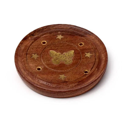 Sheesham Wood Round Ashcatcher Incence Burner with Butterfly Inlay - Incense Burners & Ash Catchers