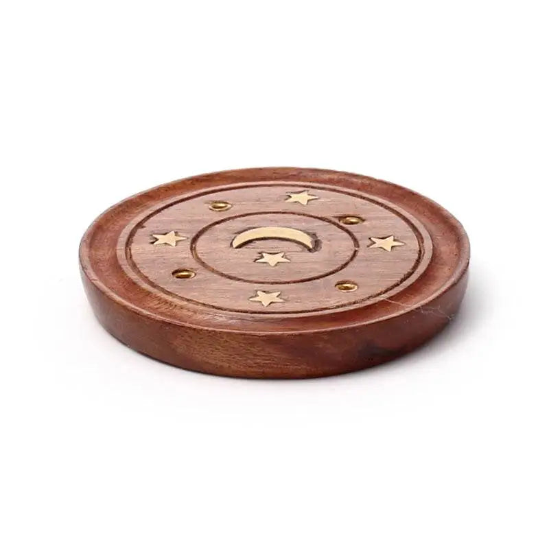 Sheesham Wood Round Ashcatcher Incence Burner with Moon & Stars Inlay - Incense Burners & Ash Catchers
