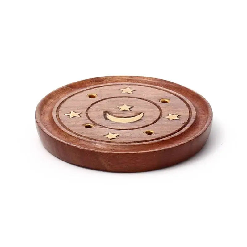 Sheesham Wood Round Ashcatcher Incence Burner with Moon & Stars Inlay - Incense Burners & Ash Catchers