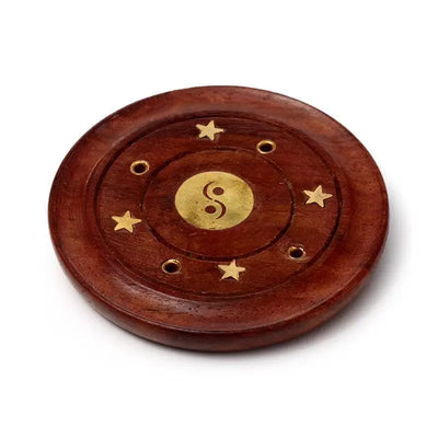 Sheesham Wood Round Ashcatcher Incence Burner with Yin Yang Inlay - Incense Burners & Ash Catchers