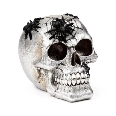 Silver Skull with Black Spiders & Webs - Gothic Fantasy Skulls & Skeletons
