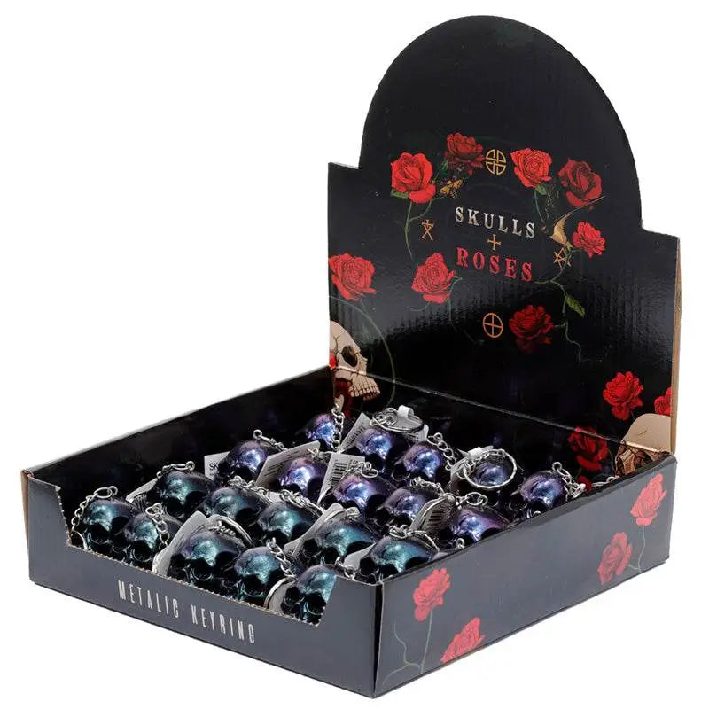 Skulls and Roses Dark Metallic and Gold Skull Keyring - Gothic Fantasy Skulls & Skeletons