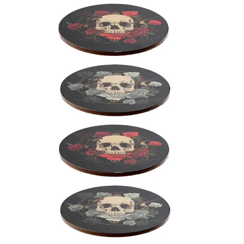 Skulls and Roses Set of 4 Cork Coasters - Gothic Fantasy Skulls & Skeletons