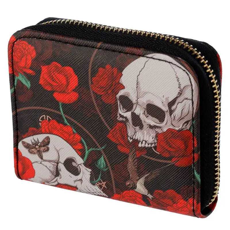 Skulls and Roses Zip Around Small Wallet Purse - Gothic Fantasy Skulls & Skeletons
