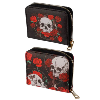 Skulls and Roses Zip Around Small Wallet Purse - Gothic Fantasy Skulls & Skeletons