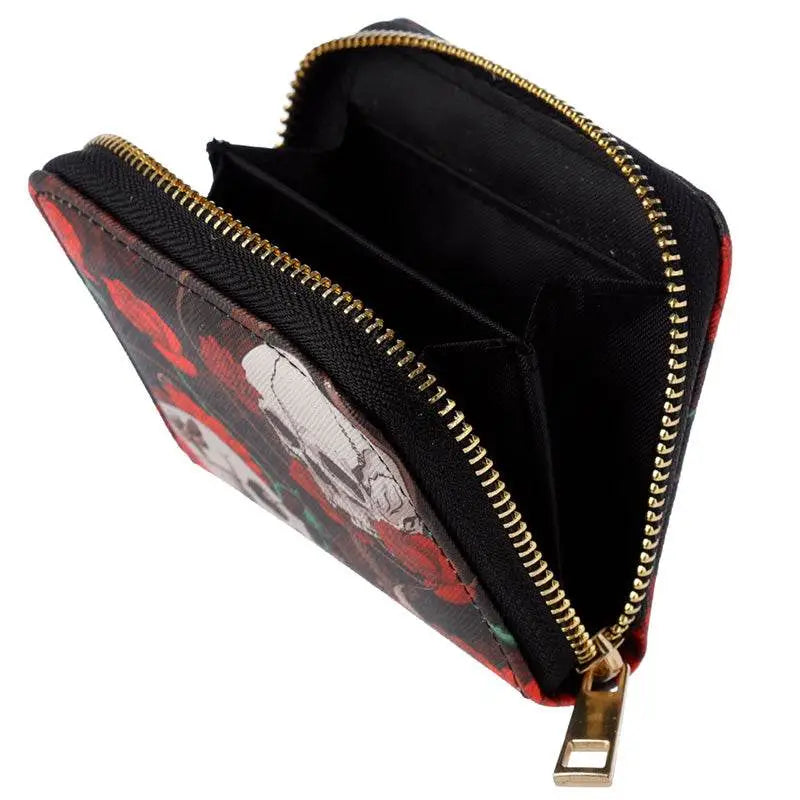 Skulls and Roses Zip Around Small Wallet Purse - Gothic Fantasy Skulls & Skeletons