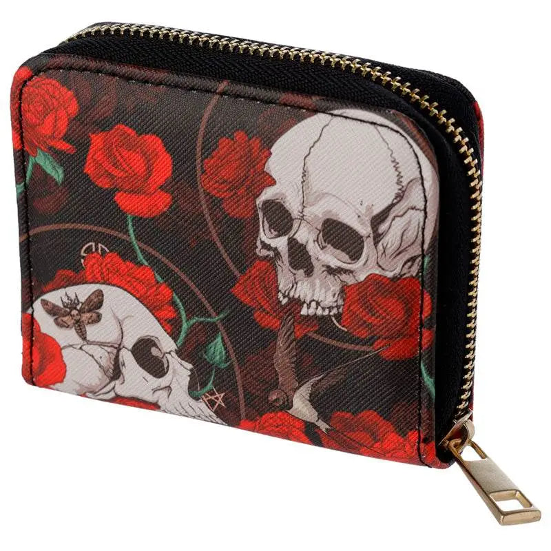 Skulls and Roses Zip Around Small Wallet Purse - Gothic Fantasy Skulls & Skeletons