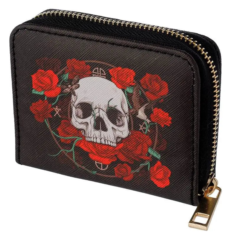Skulls and Roses Zip Around Small Wallet Purse - Gothic Fantasy Skulls & Skeletons