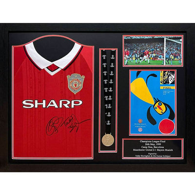 Manchester United FC 1999 Solskjaer & Sheringham Signed Shirt & Medal (Framed) - Gift Arch