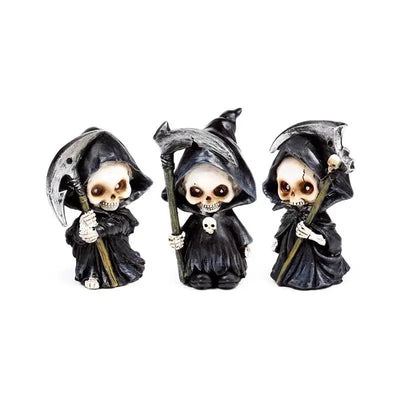 The Reaper Mini Skull Set of 3 with Scythes - Gothic Fantasy Skulls & Skeletons