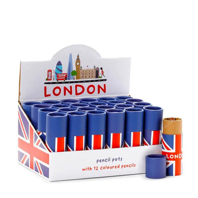 Union Jack Pencil Pot with 12 Colouring Pencils - Novelty Pencils & Colouring Crayons