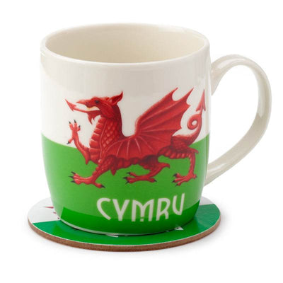 Welsh Dragon Wales (Cymru) Souvenir Porcelain Mug & Coaster Set - Gift Arch